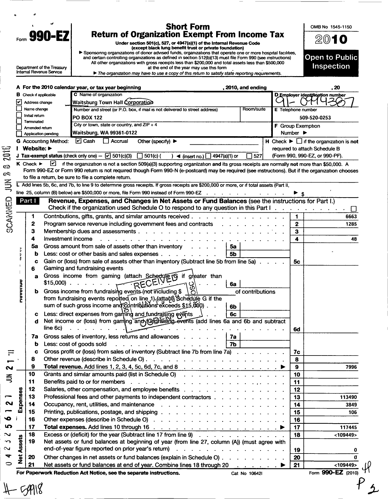 Image of first page of 2010 Form 990EZ for Waitsburg Town Hall Association