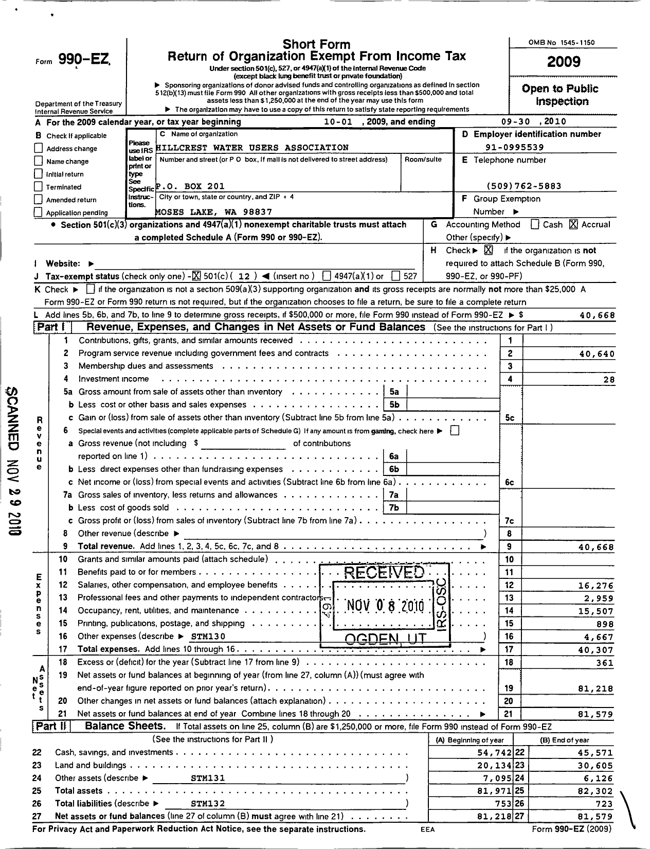 Image of first page of 2009 Form 990EO for Hillcrest Water Users Association