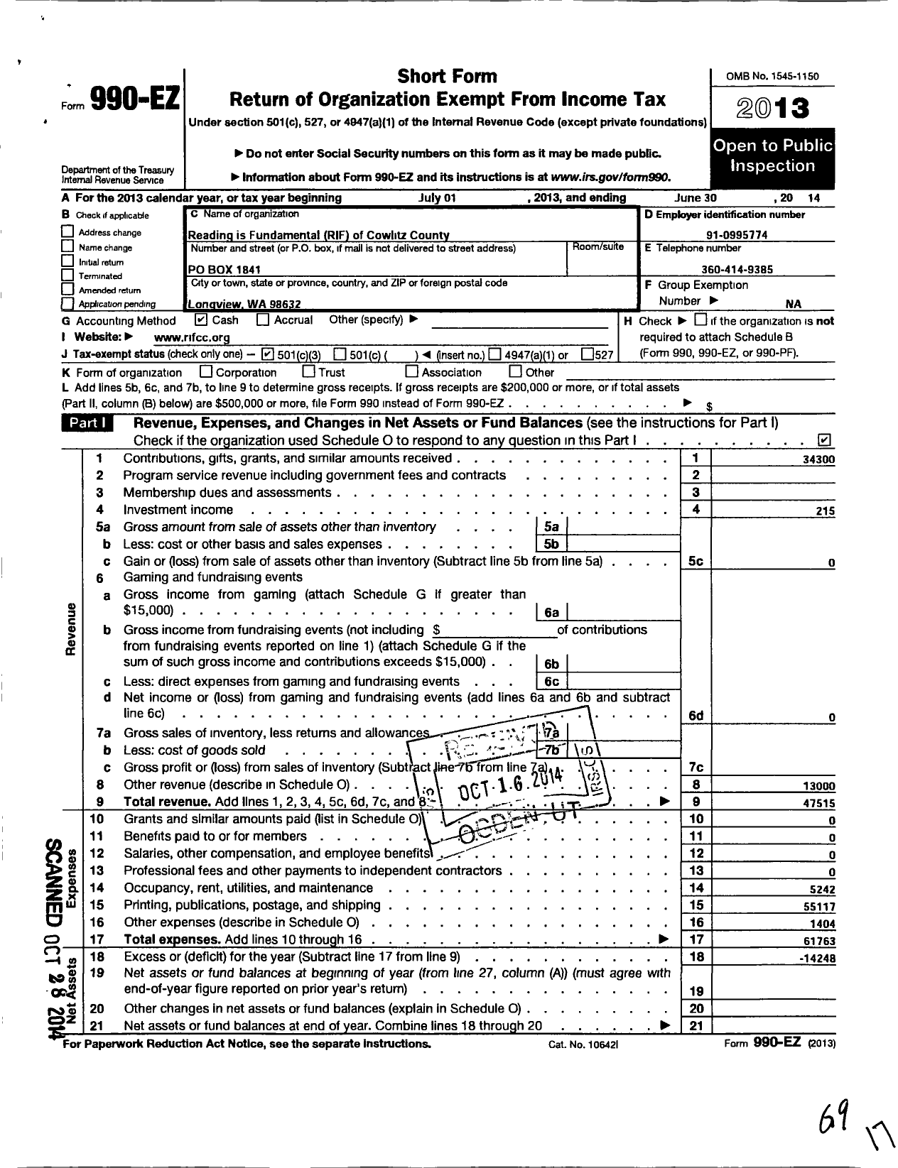 Image of first page of 2013 Form 990EZ for Reading Is Fundamental Rif of Cowlitz County