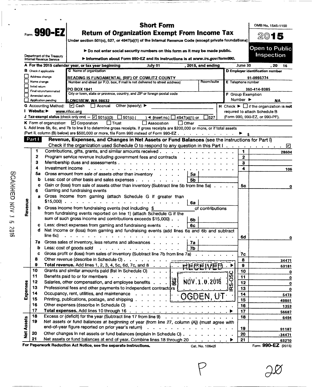 Image of first page of 2015 Form 990EZ for Reading Is Fundamental Rif of Cowlitz County