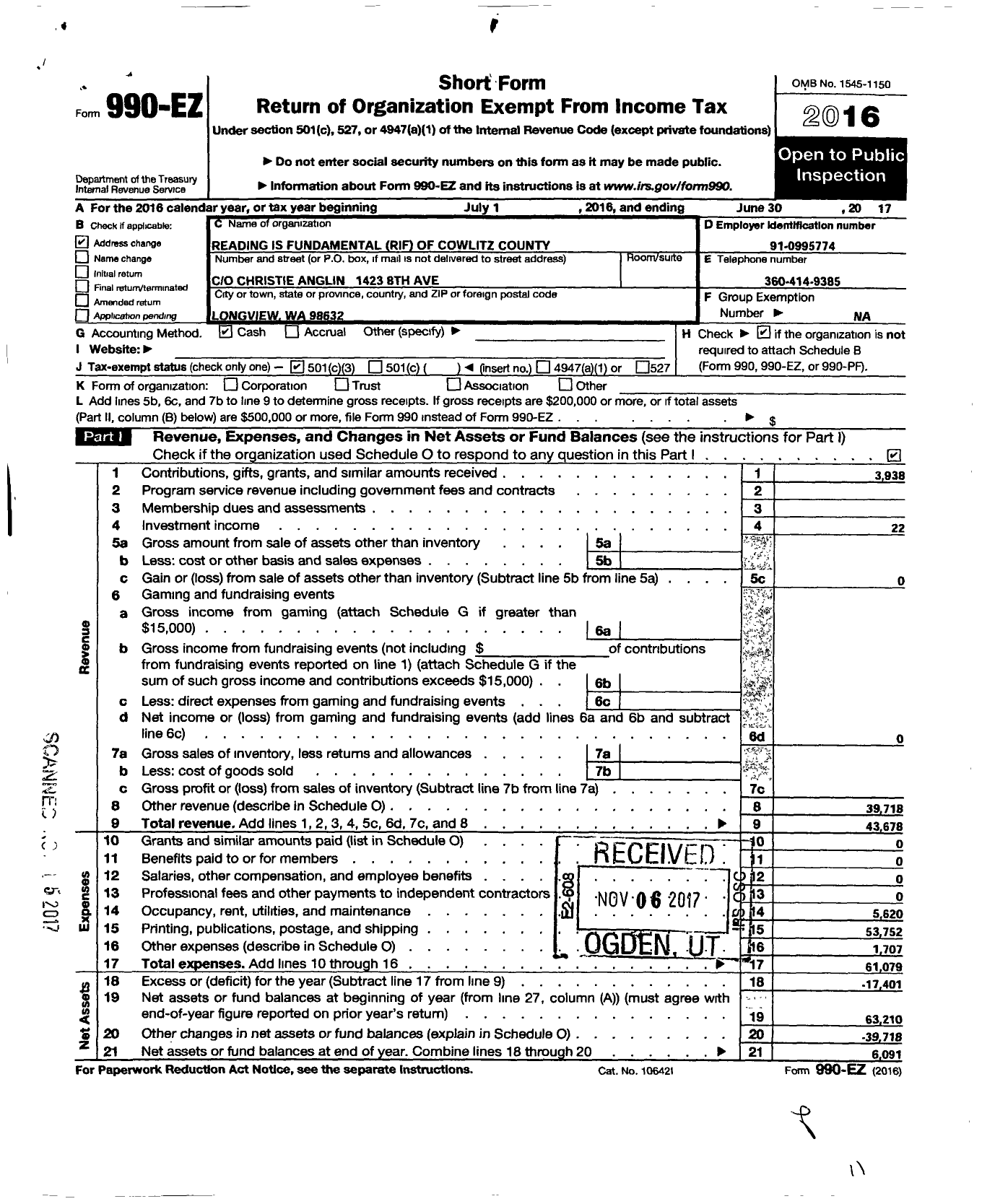 Image of first page of 2016 Form 990EZ for Reading Is Fundamental Rif of Cowlitz County