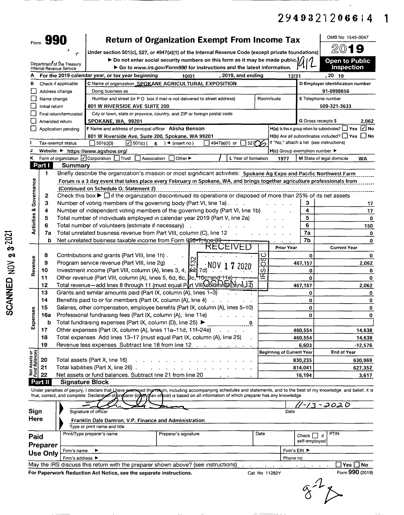 Image of first page of 2019 Form 990O for Spokane Agricultural Exposition