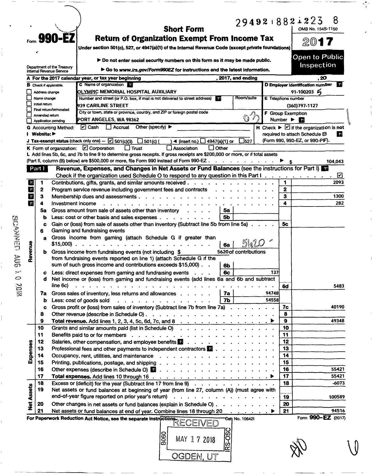 Image of first page of 2017 Form 990EZ for Olympic Memorial Hospital Auxiliary