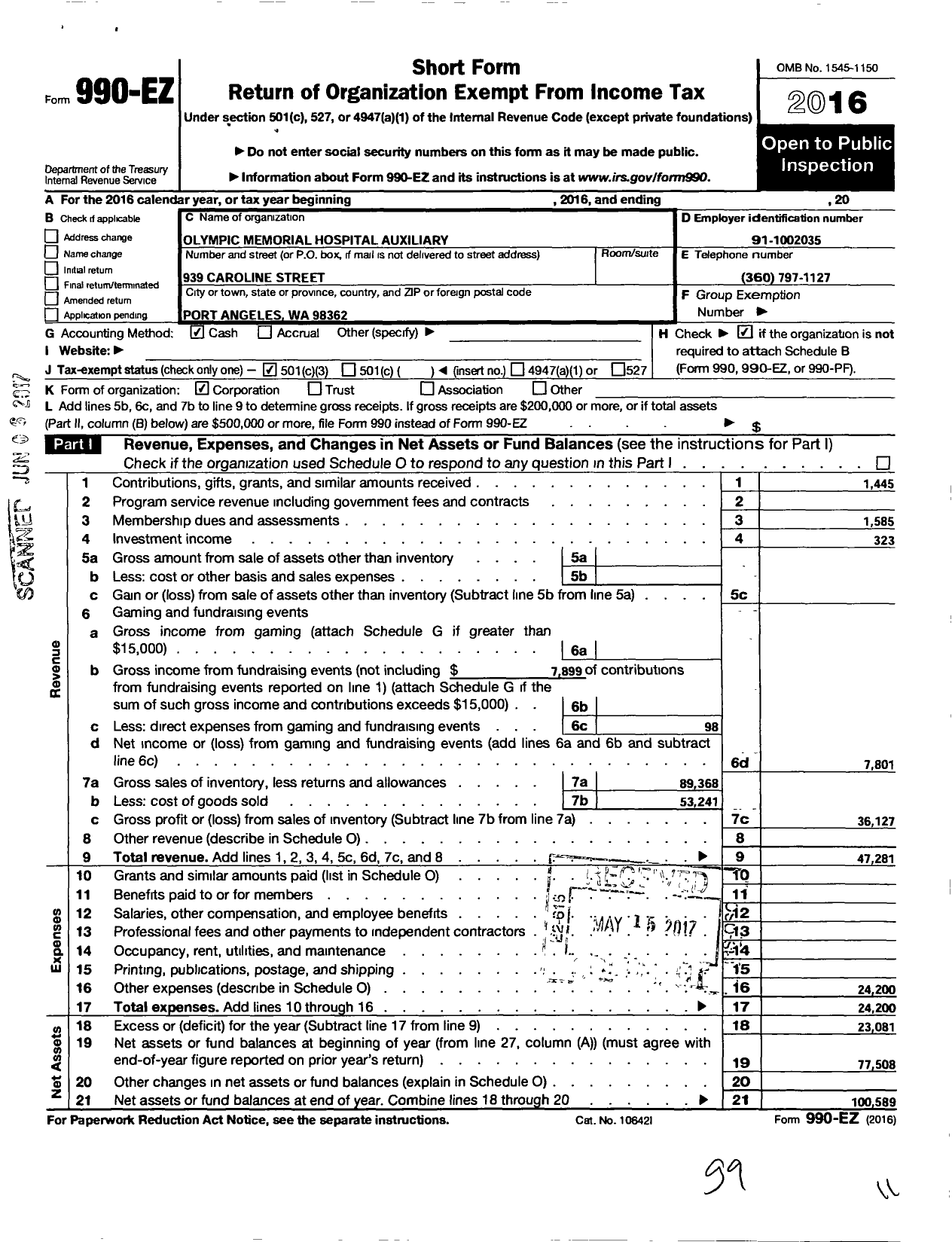 Image of first page of 2016 Form 990EZ for Olympic Memorial Hospital Auxiliary