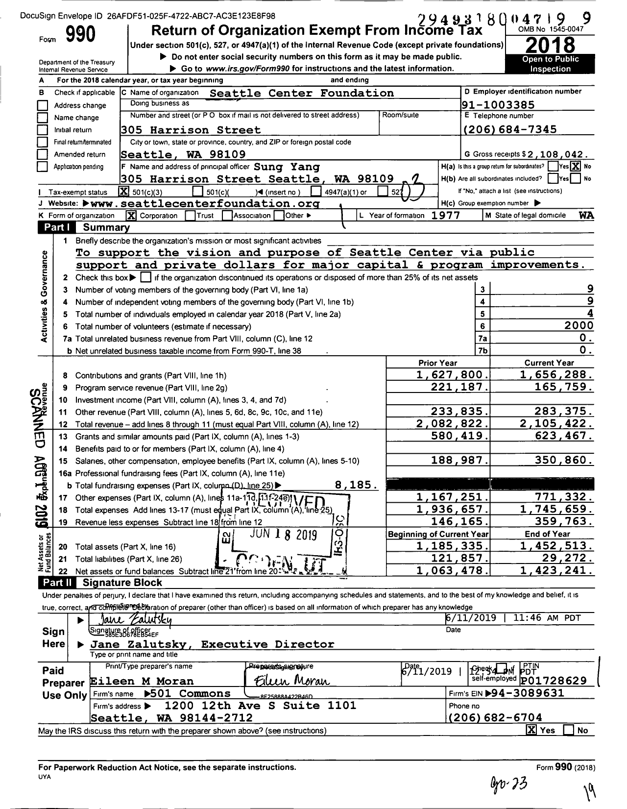 Image of first page of 2018 Form 990 for Seattle Center Foundation