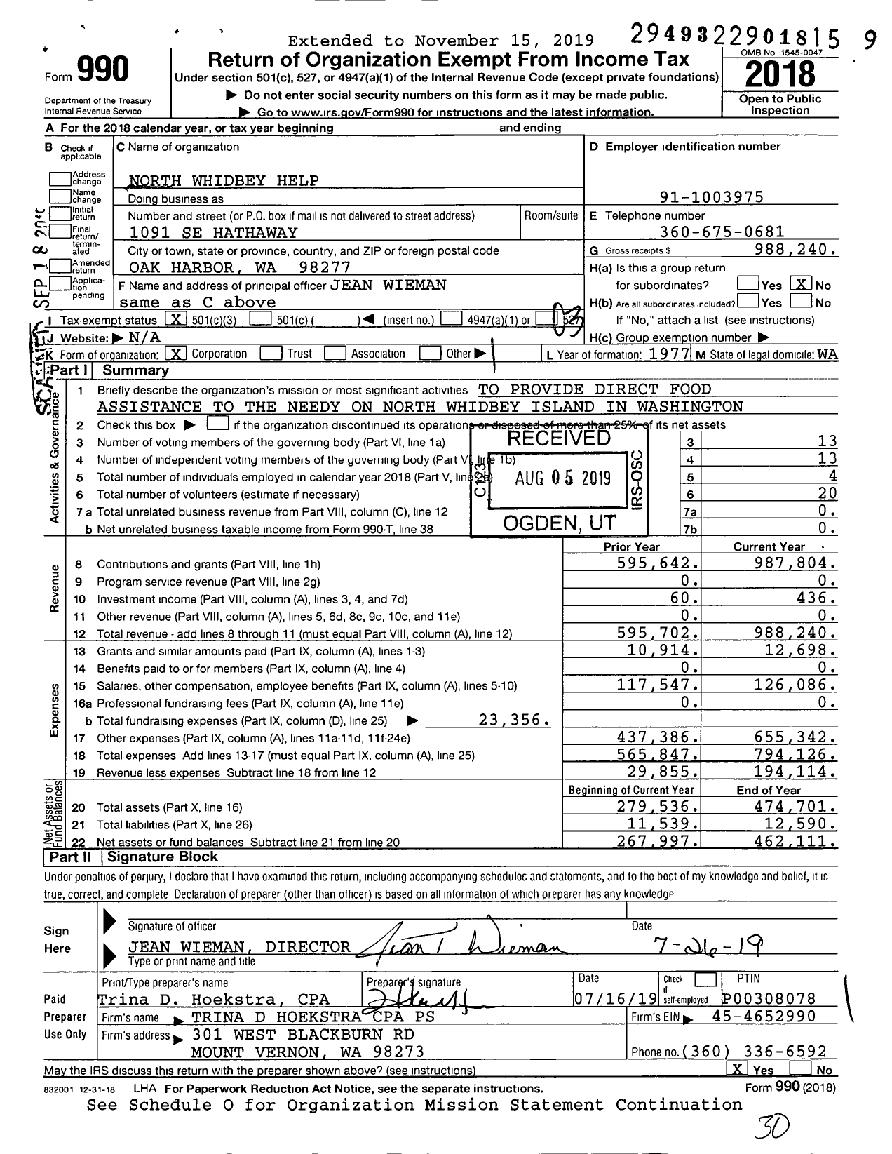 Image of first page of 2018 Form 990 for North Whidbey Help House