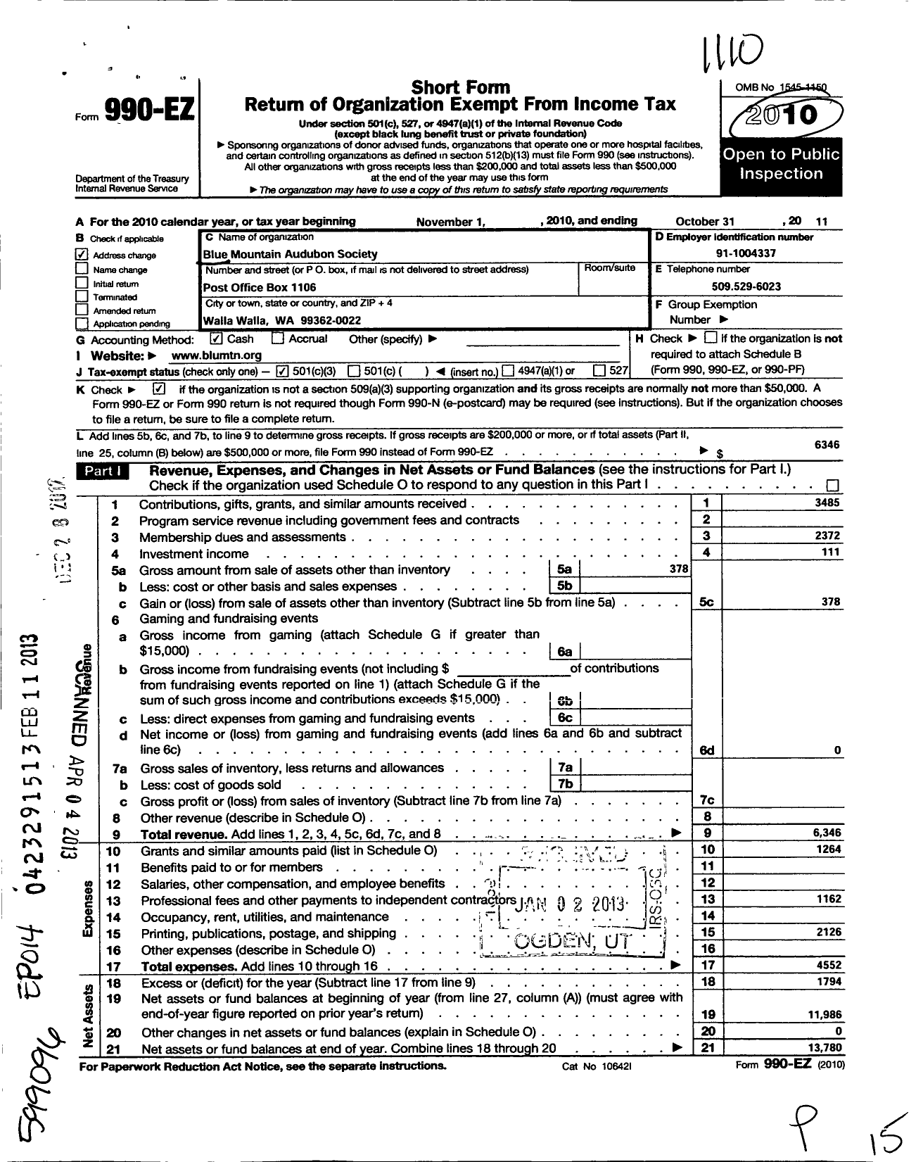 Image of first page of 2010 Form 990EZ for Blue Mountain Audubon Society