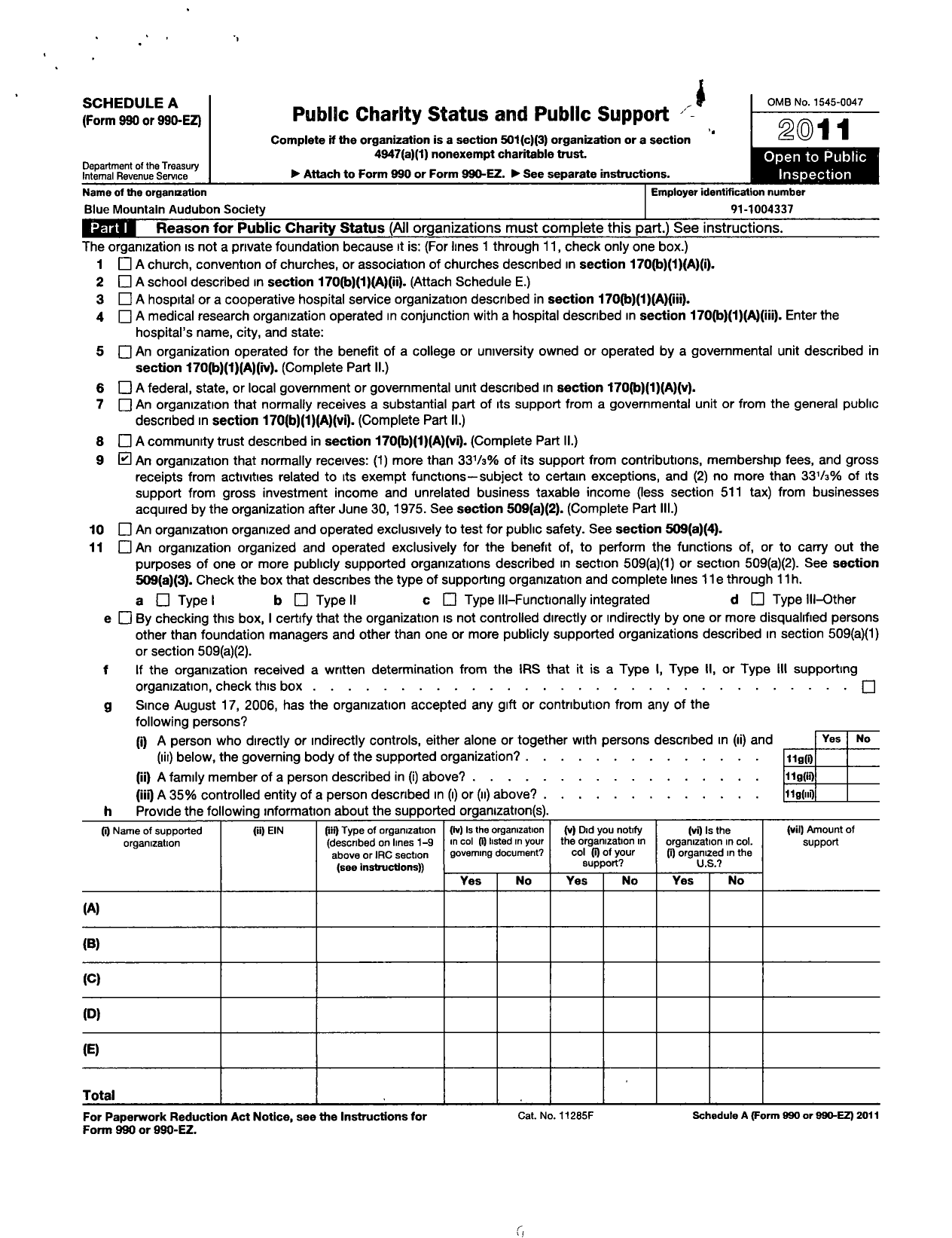 Image of first page of 2010 Form 990ER for Blue Mountain Audubon Society