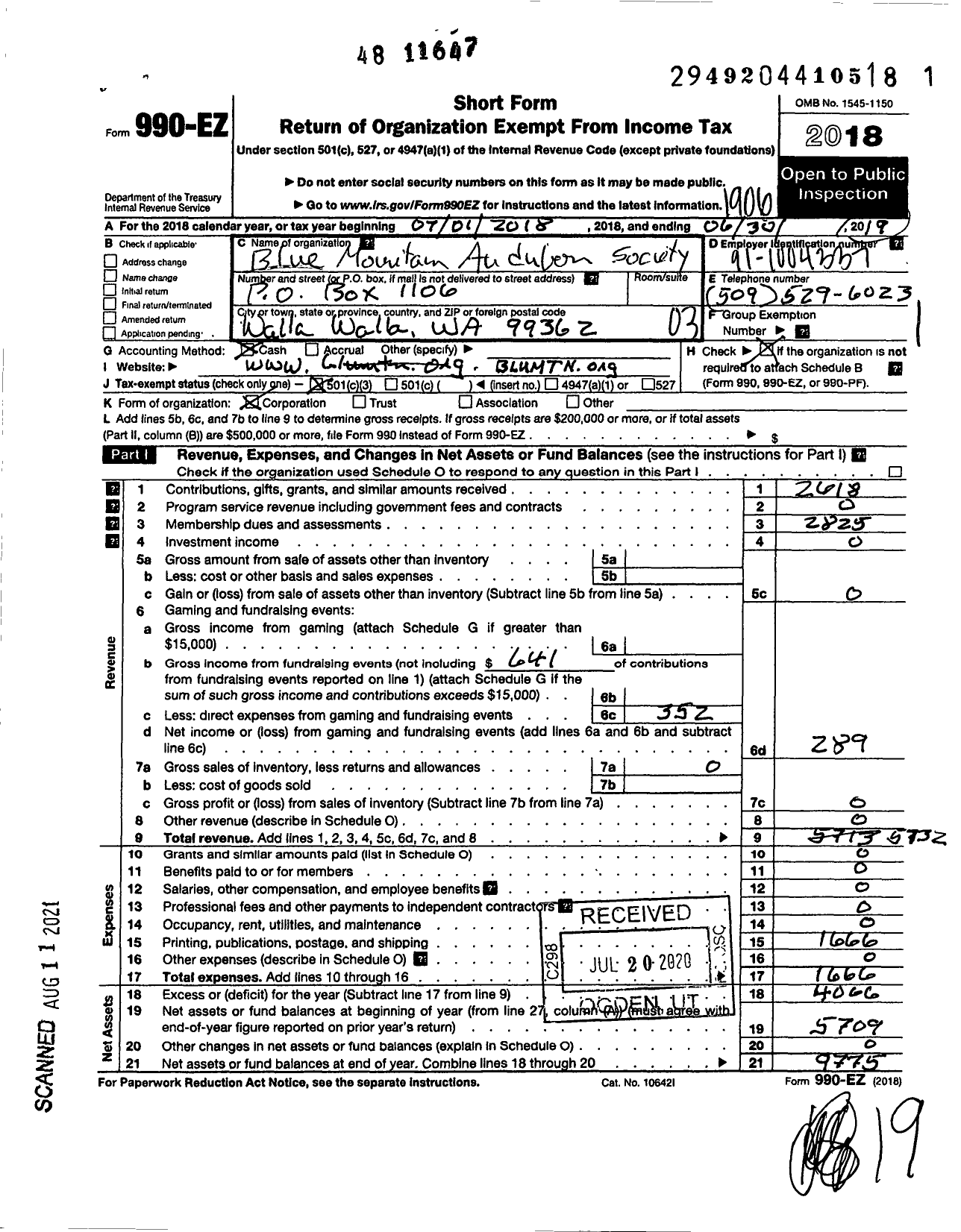 Image of first page of 2018 Form 990EZ for Blue Mountain Audubon Society