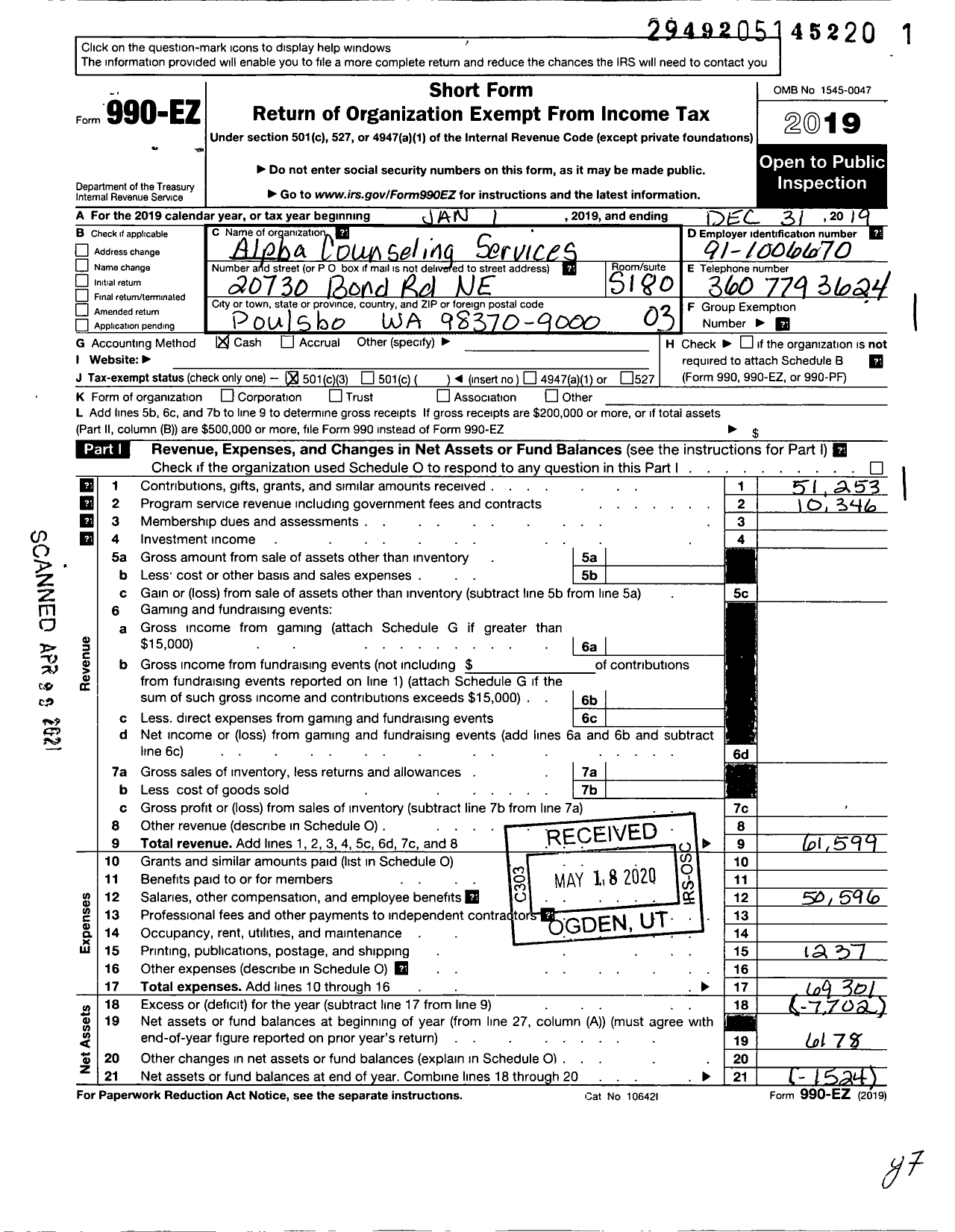 Image of first page of 2019 Form 990EZ for Alpha Counseling Services