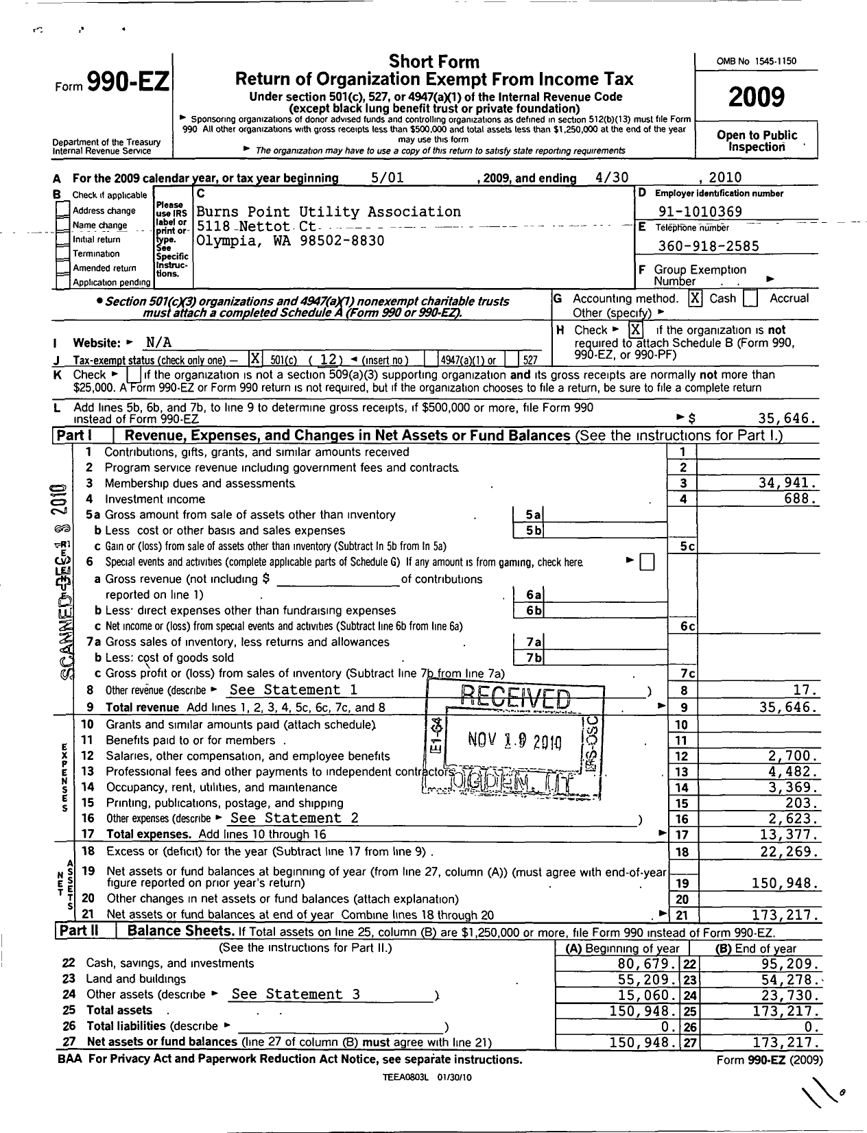 Image of first page of 2009 Form 990EO for Burns Point Utility Association