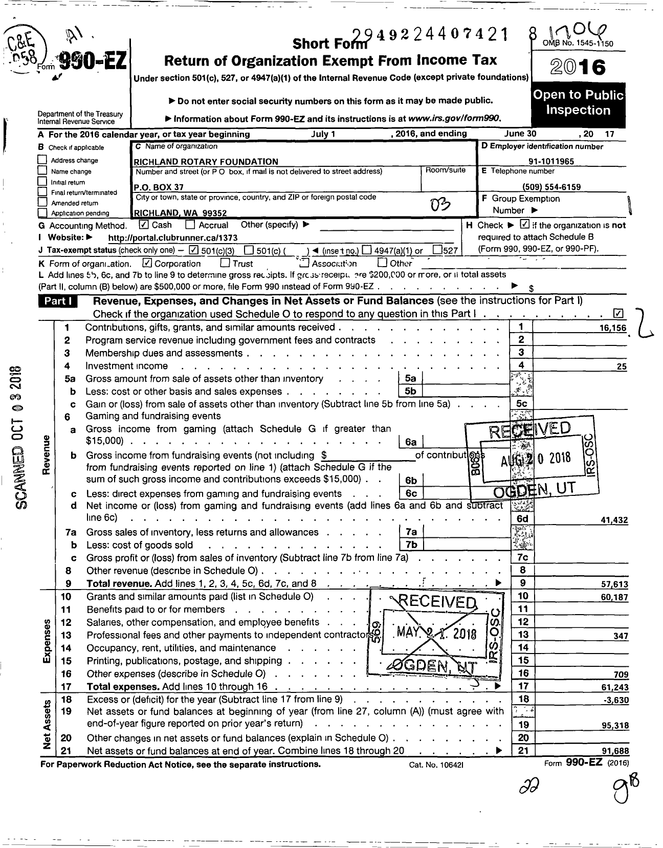 Image of first page of 2016 Form 990EZ for Richland Rotary Foundation