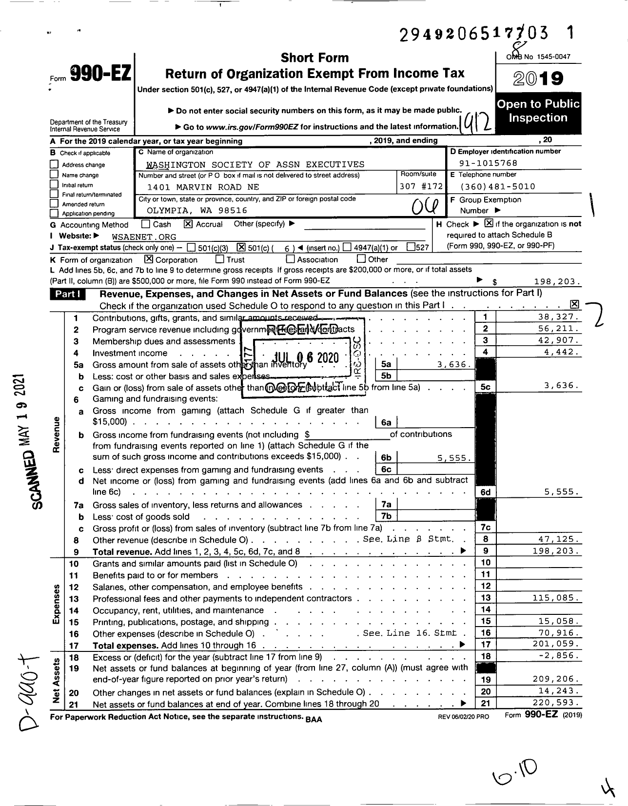 Image of first page of 2019 Form 990EO for Washington Society of Association Executives