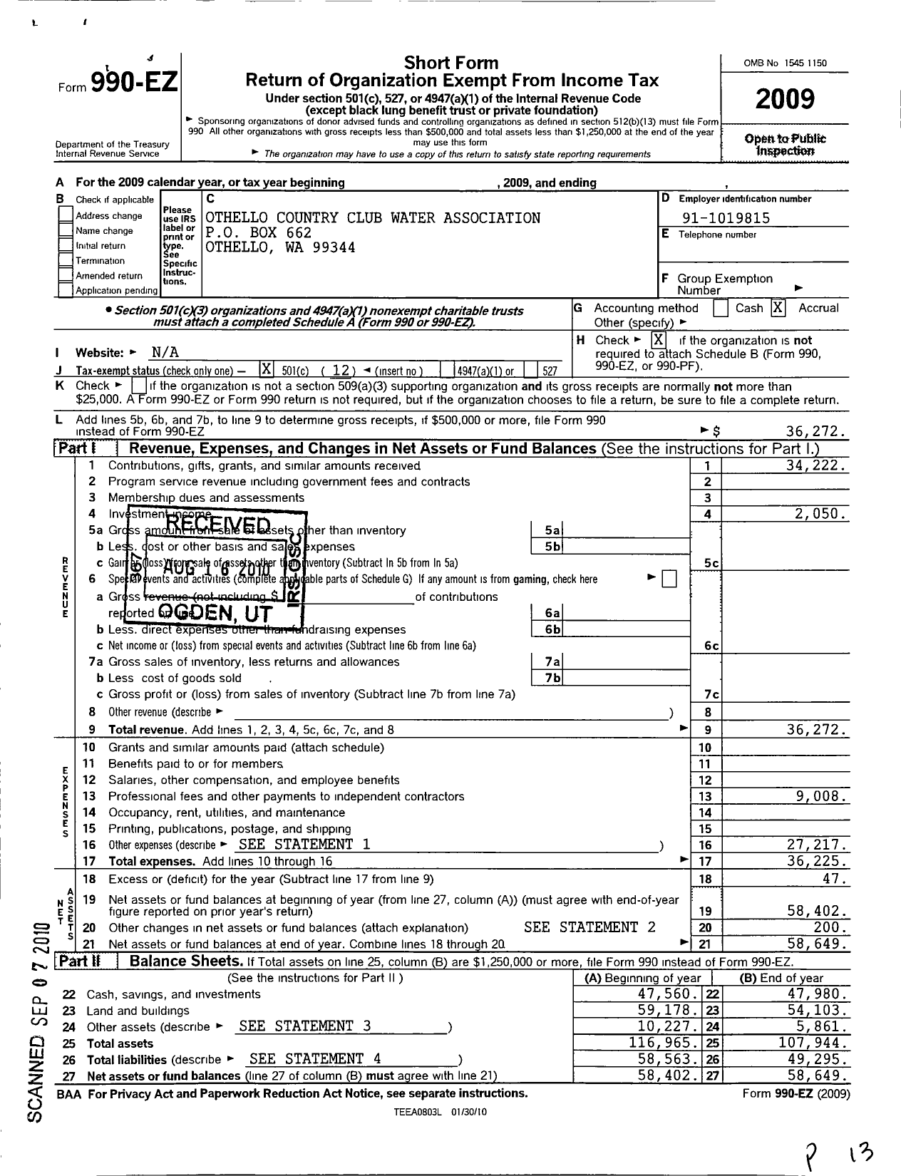 Image of first page of 2009 Form 990EO for Othello Country Club Water Association