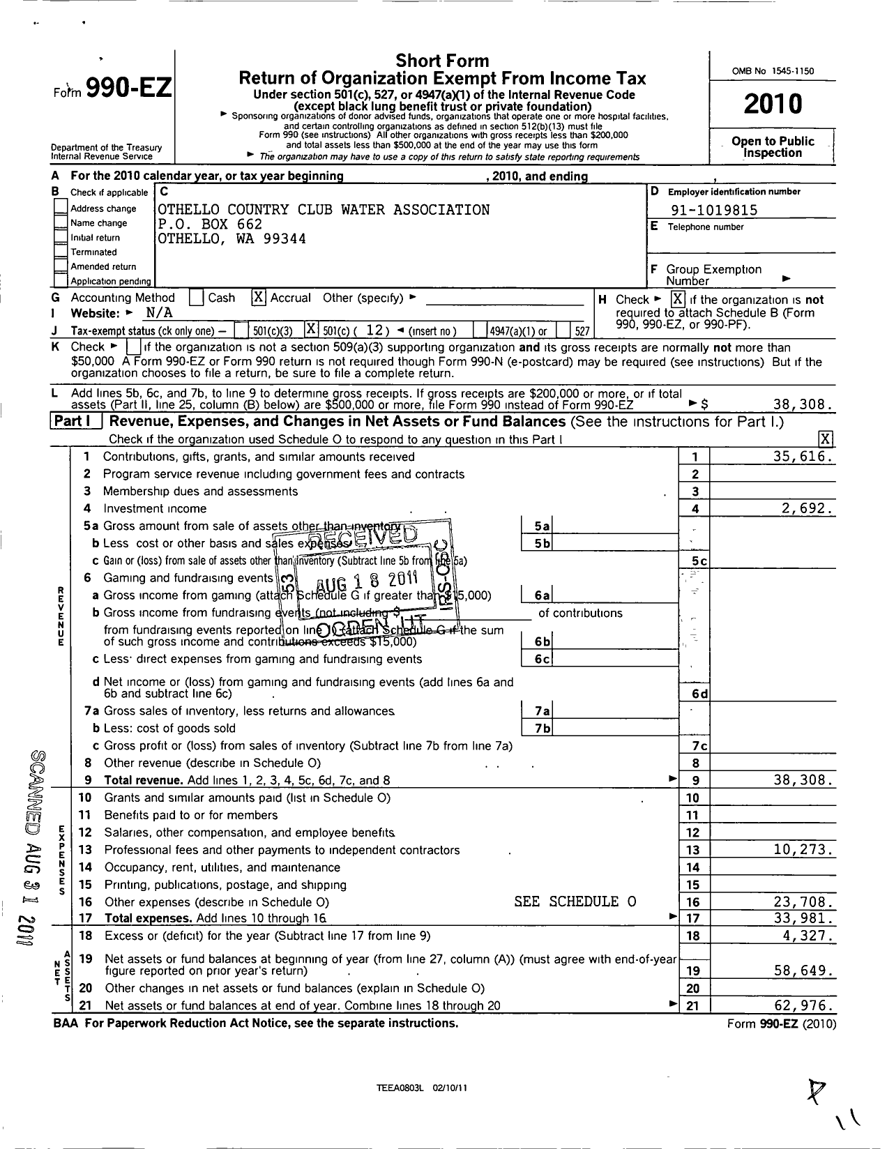 Image of first page of 2010 Form 990EO for Othello Country Club Water Association