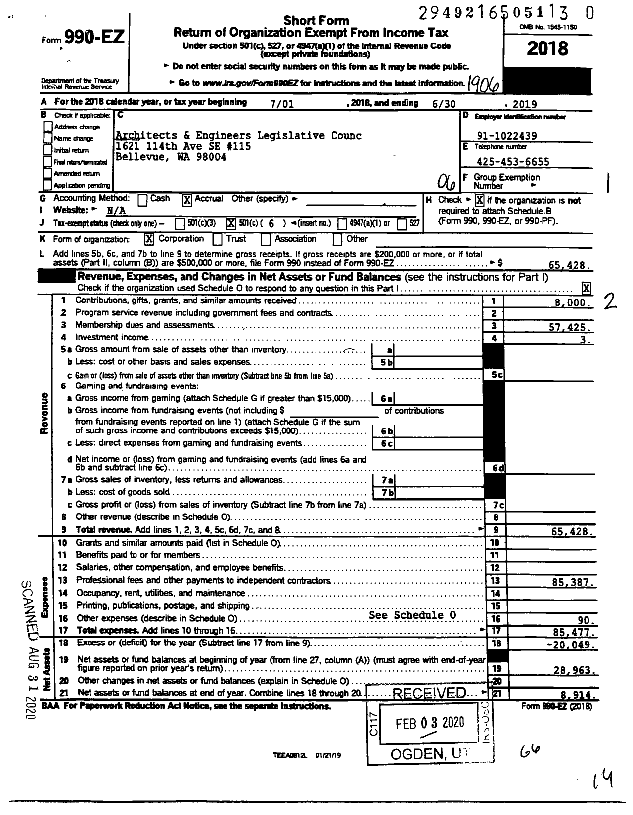 Image of first page of 2018 Form 990EO for Architects and Engineers Legislative Council