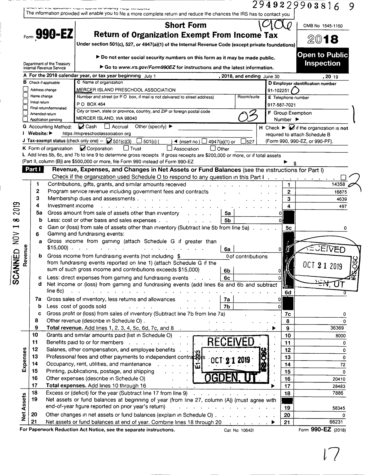 Image of first page of 2018 Form 990EZ for Mercer Island Preschool Association