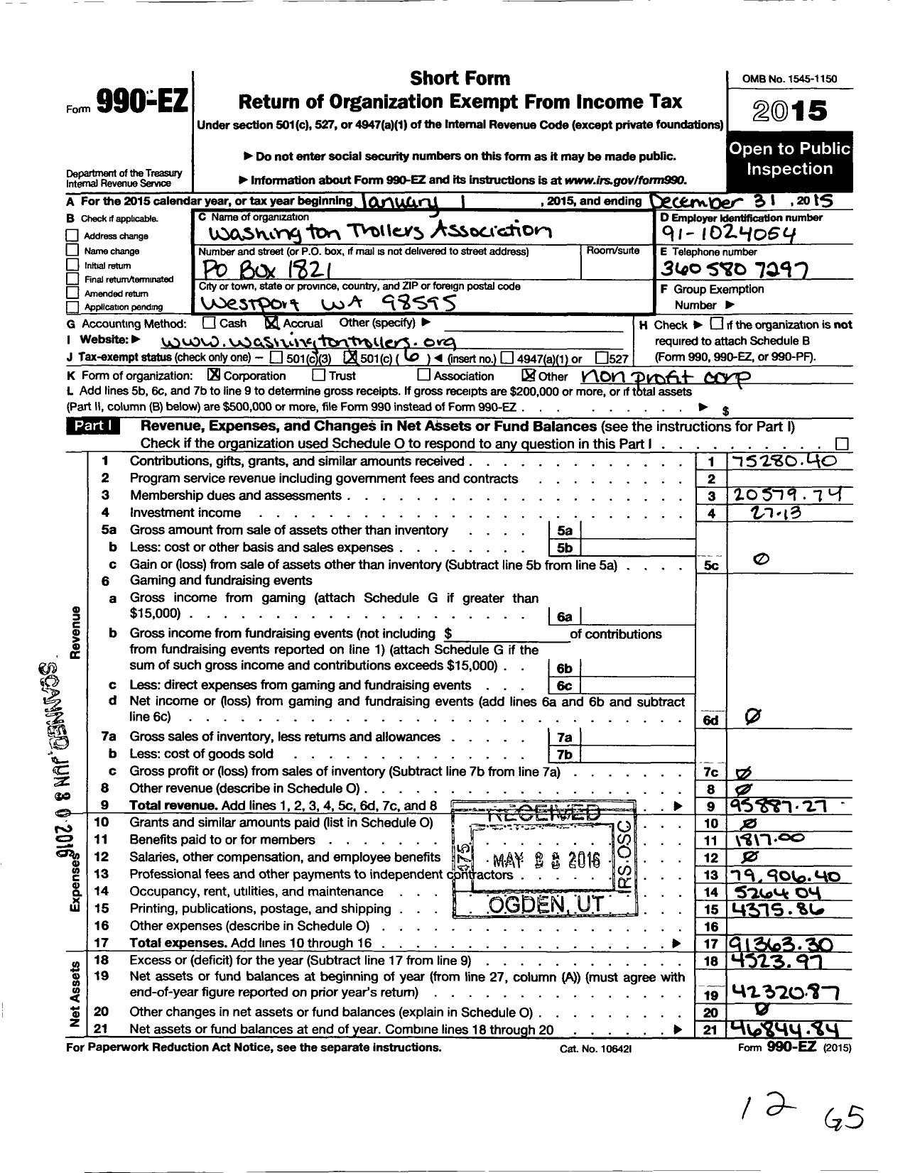 Image of first page of 2015 Form 990EO for Washington Trollers Association