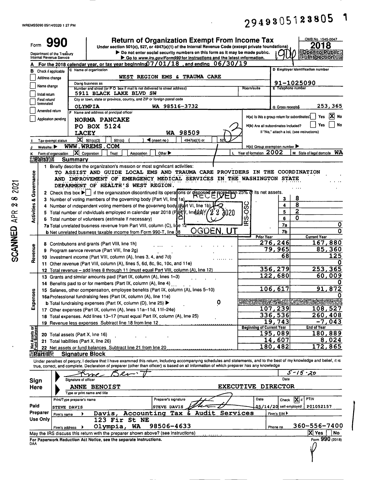 Image of first page of 2018 Form 990 for West Region EMS and Trama Care Council