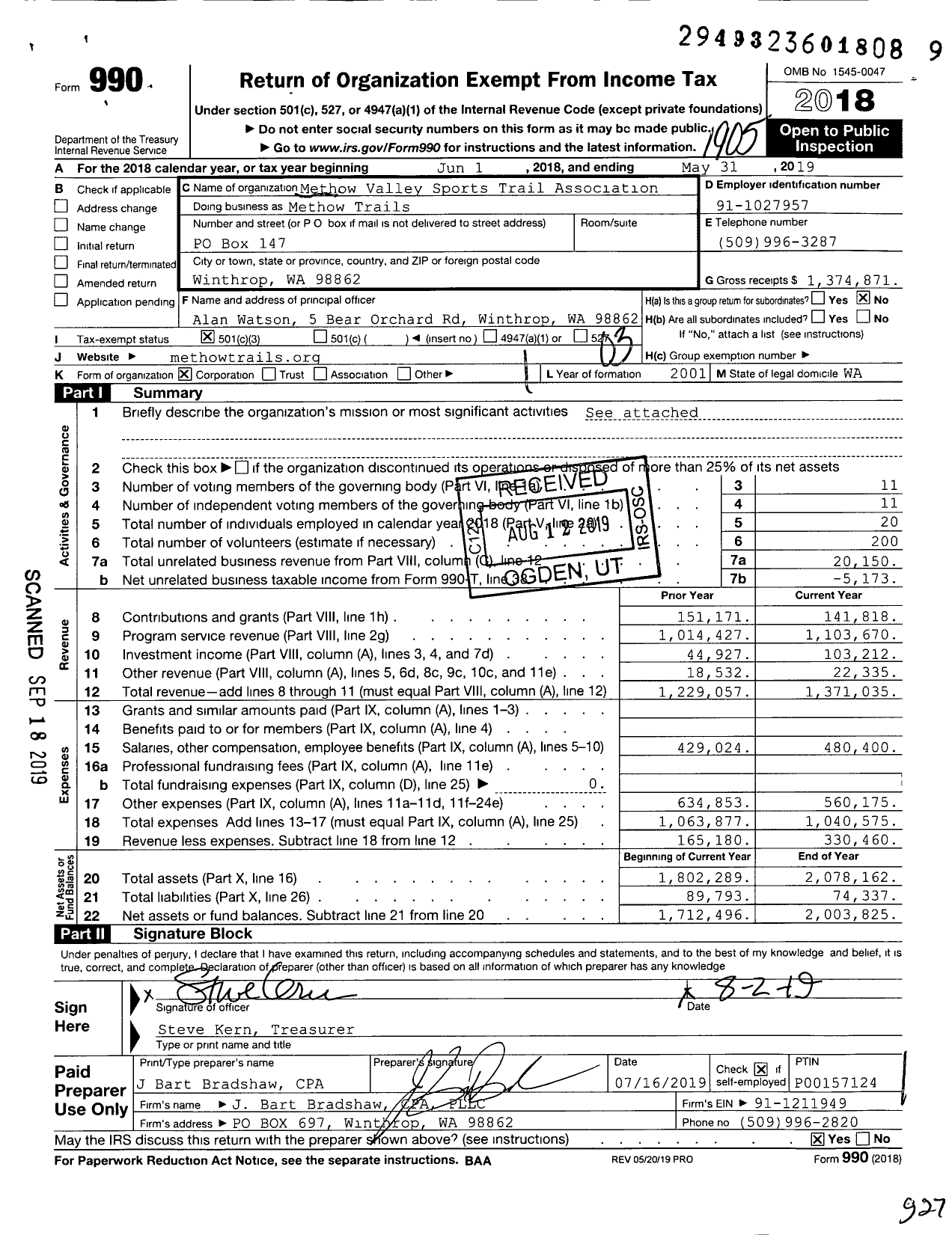 Image of first page of 2018 Form 990 for Methow Trails