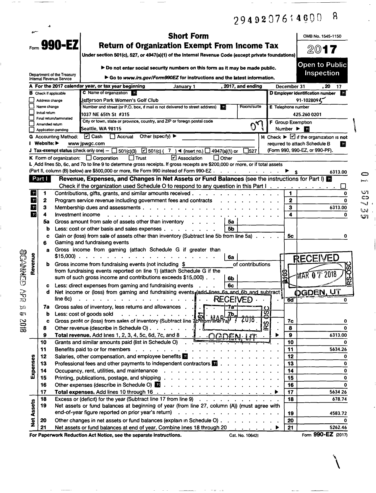 Image of first page of 2017 Form 990EO for Jefferson Park Woman Golf Club