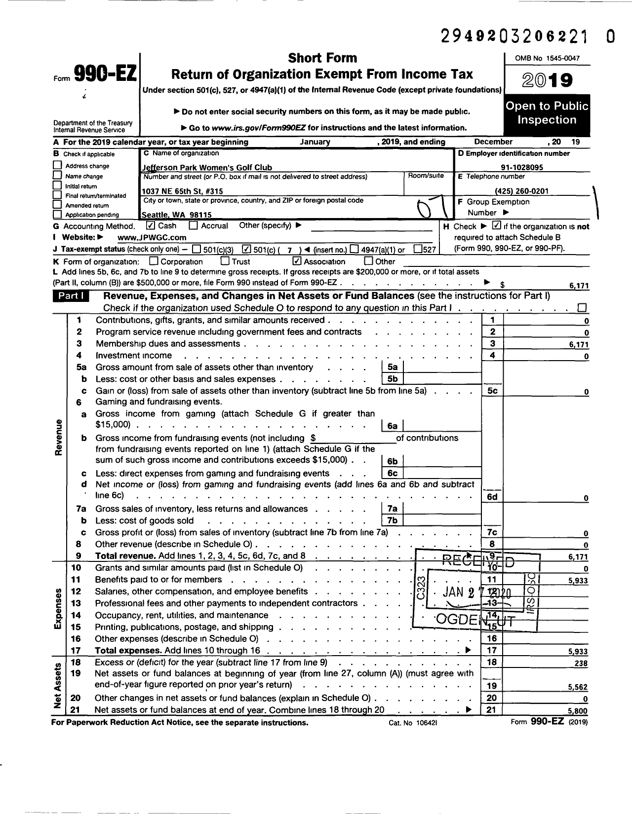 Image of first page of 2019 Form 990EO for Jefferson Park Woman Golf Club