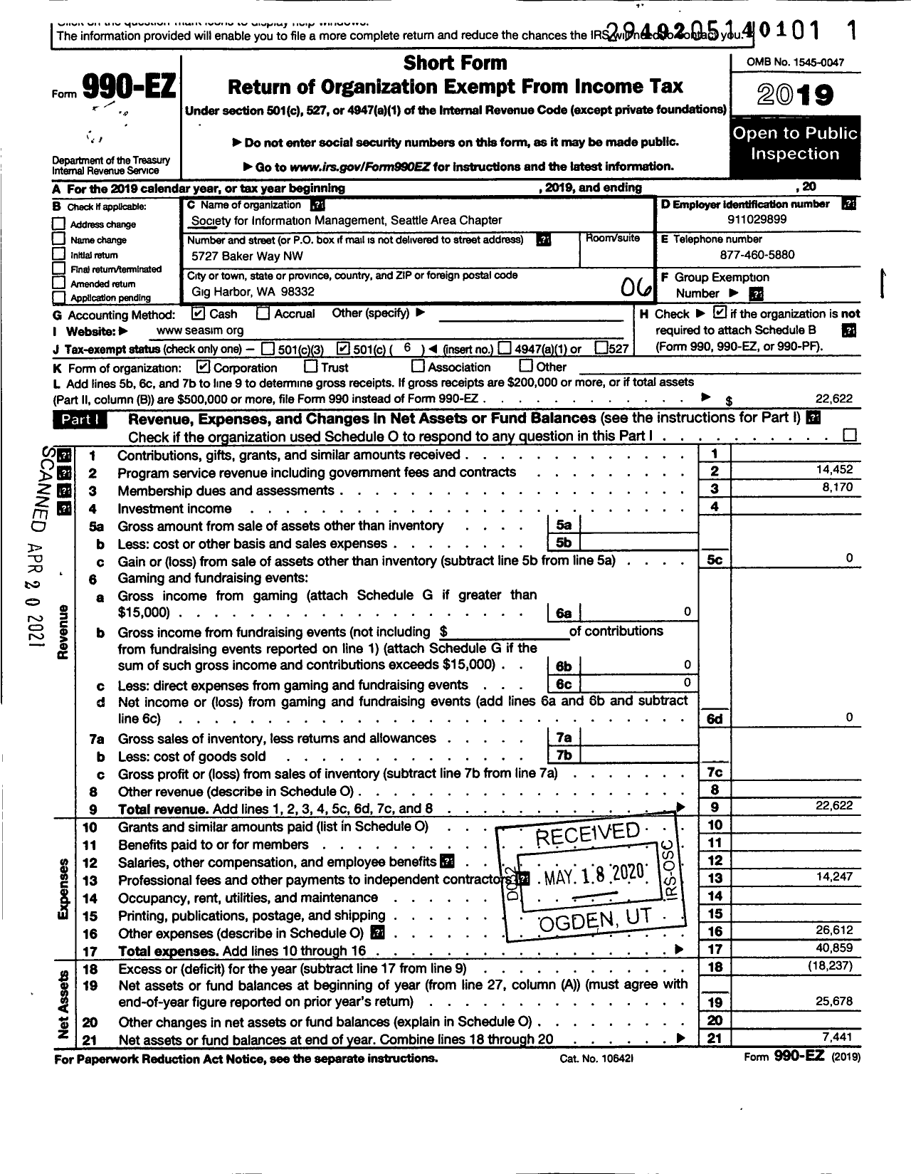 Image of first page of 2019 Form 990EO for Society for Management Information Systems / Seattle Chapter