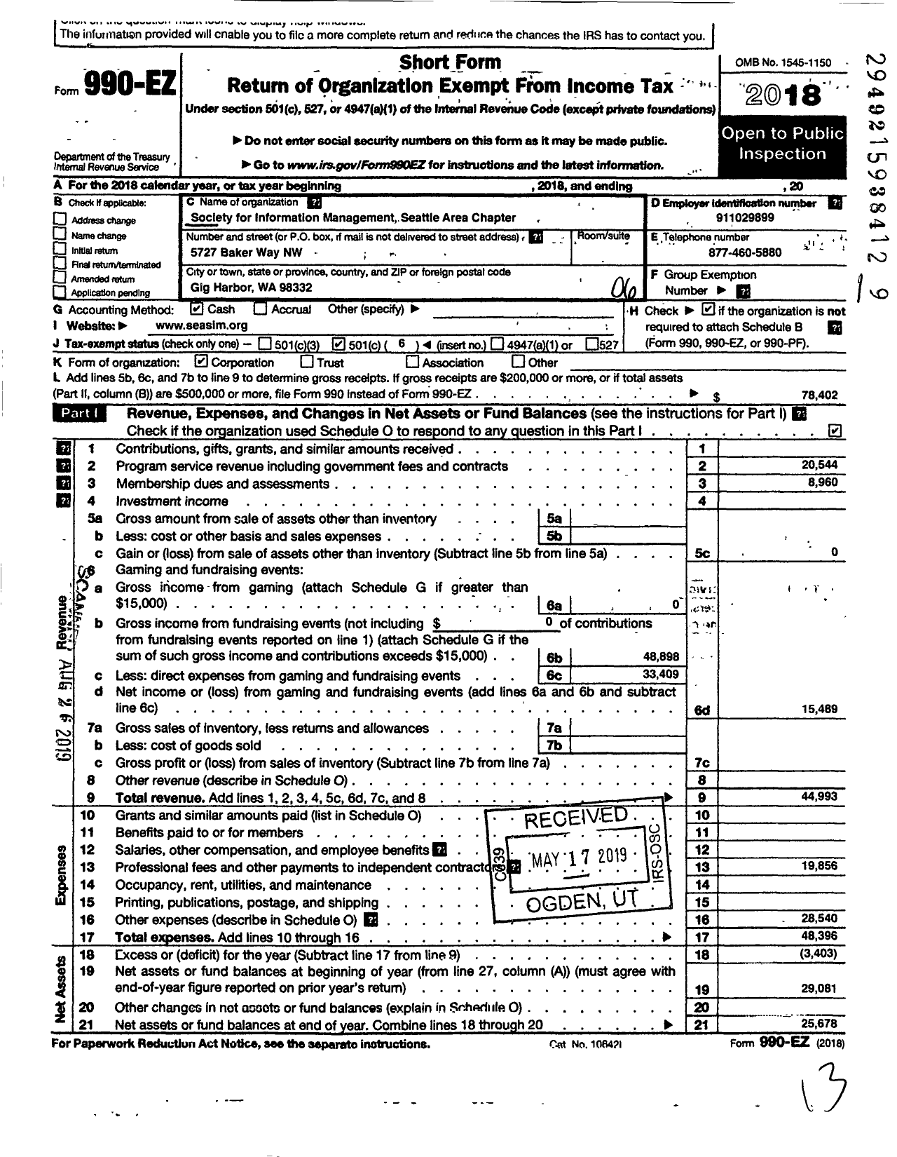 Image of first page of 2018 Form 990EO for Society for Management Information Systems / Seattle Chapter