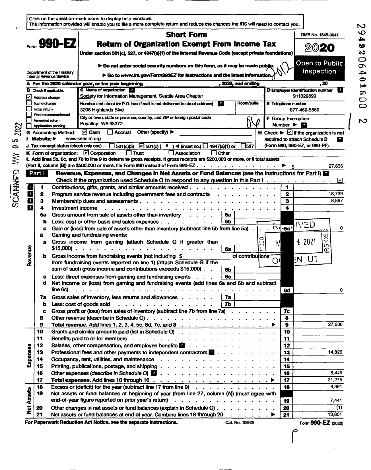 Image of first page of 2020 Form 990EO for Society for Management Information Systems / Seattle Chapter