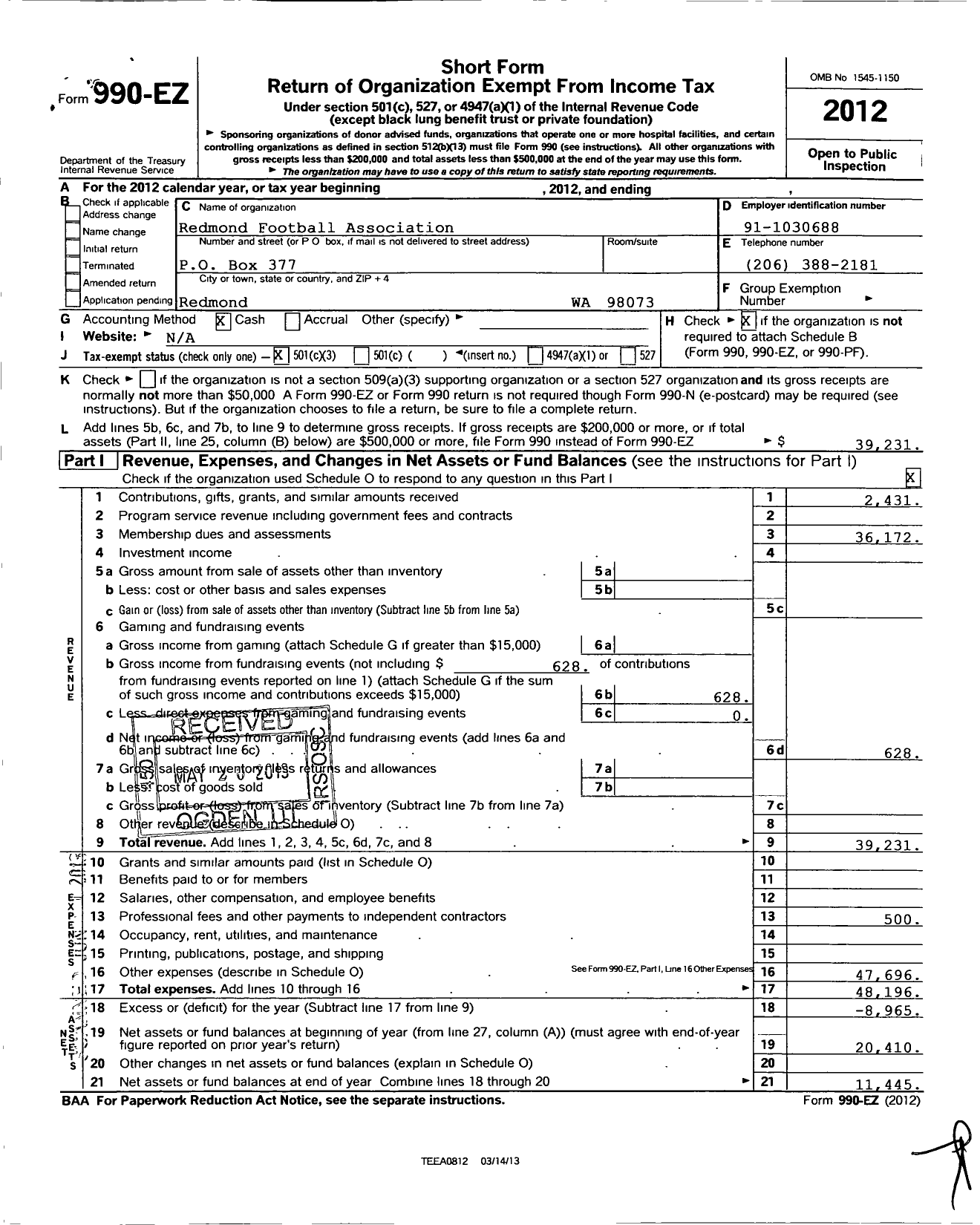 Image of first page of 2012 Form 990EZ for Redmond Football Association