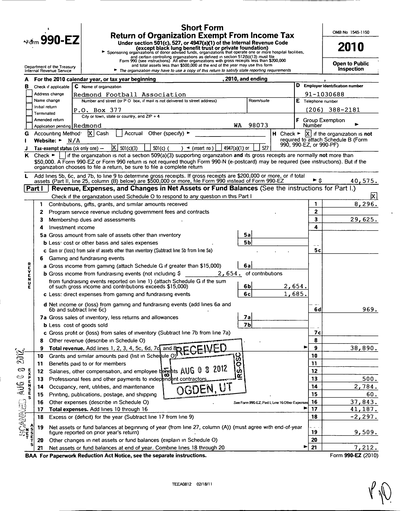 Image of first page of 2010 Form 990EZ for Redmond Football Association