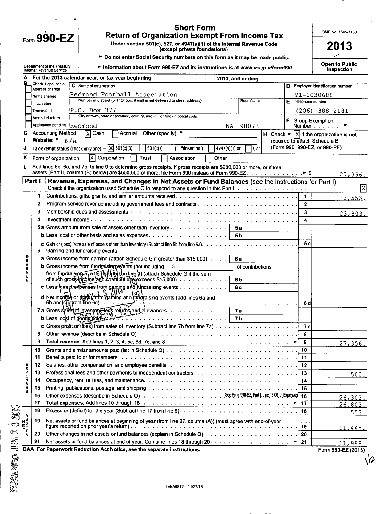 Image of first page of 2013 Form 990EZ for Redmond Football Association