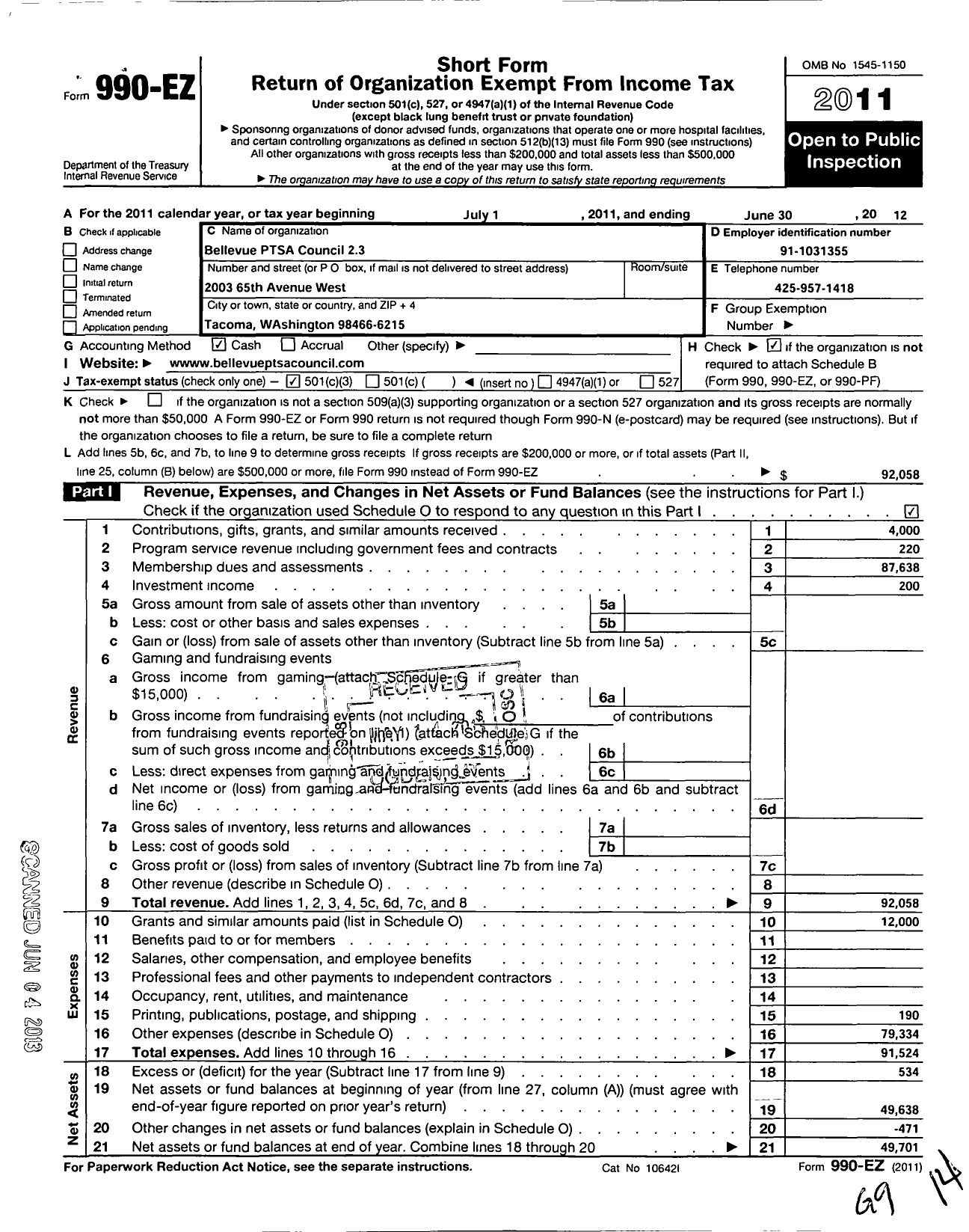 Image of first page of 2011 Form 990EZ for Bellevue Ptsa Council