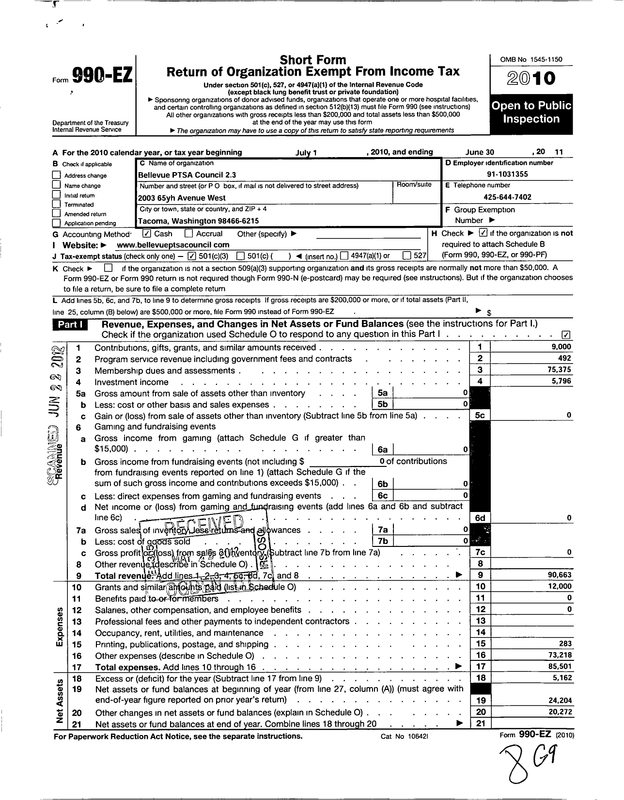 Image of first page of 2010 Form 990EZ for Bellevue Ptsa Council