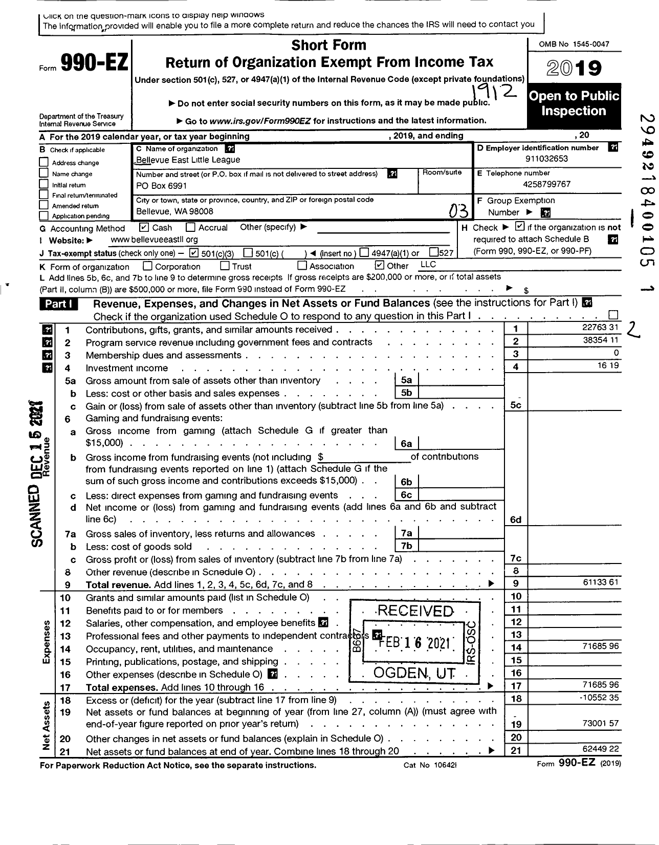 Image of first page of 2019 Form 990EZ for Bellevue National Little League