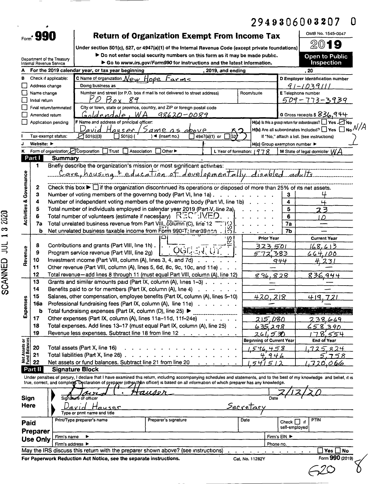 Image of first page of 2019 Form 990 for New Hope Farms