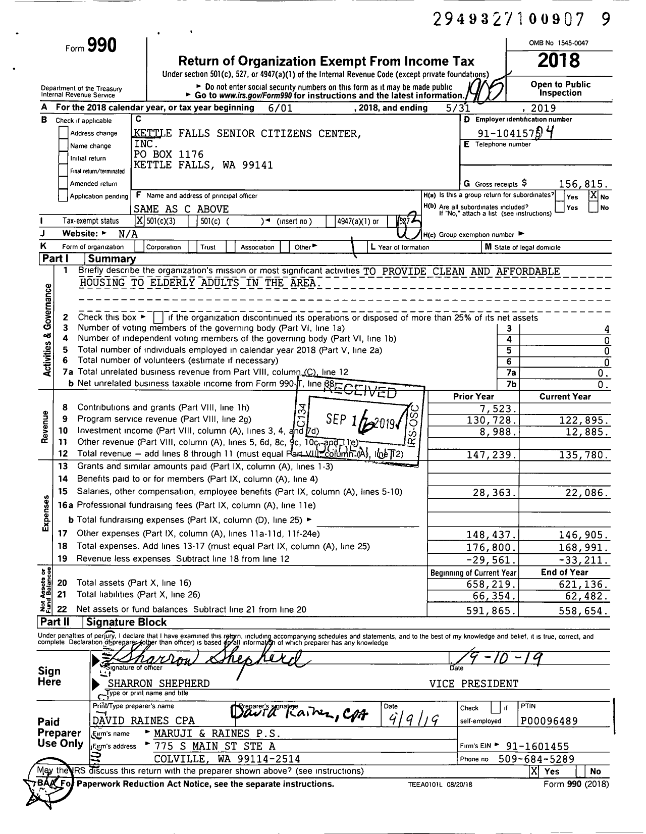 Image of first page of 2018 Form 990 for Kettle Falls Senior Citizens Center