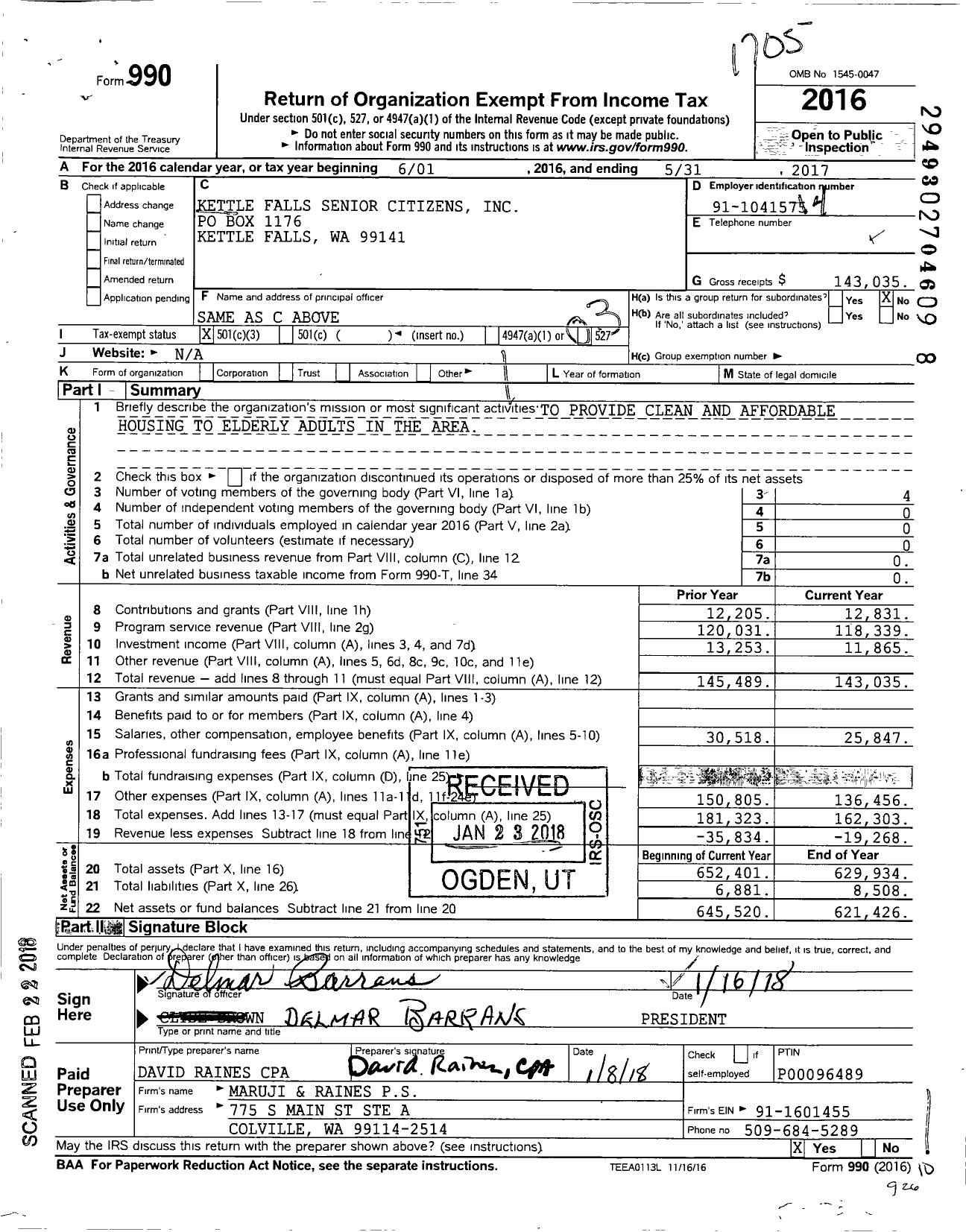 Image of first page of 2016 Form 990 for Kettle Falls Senior Citizens Center