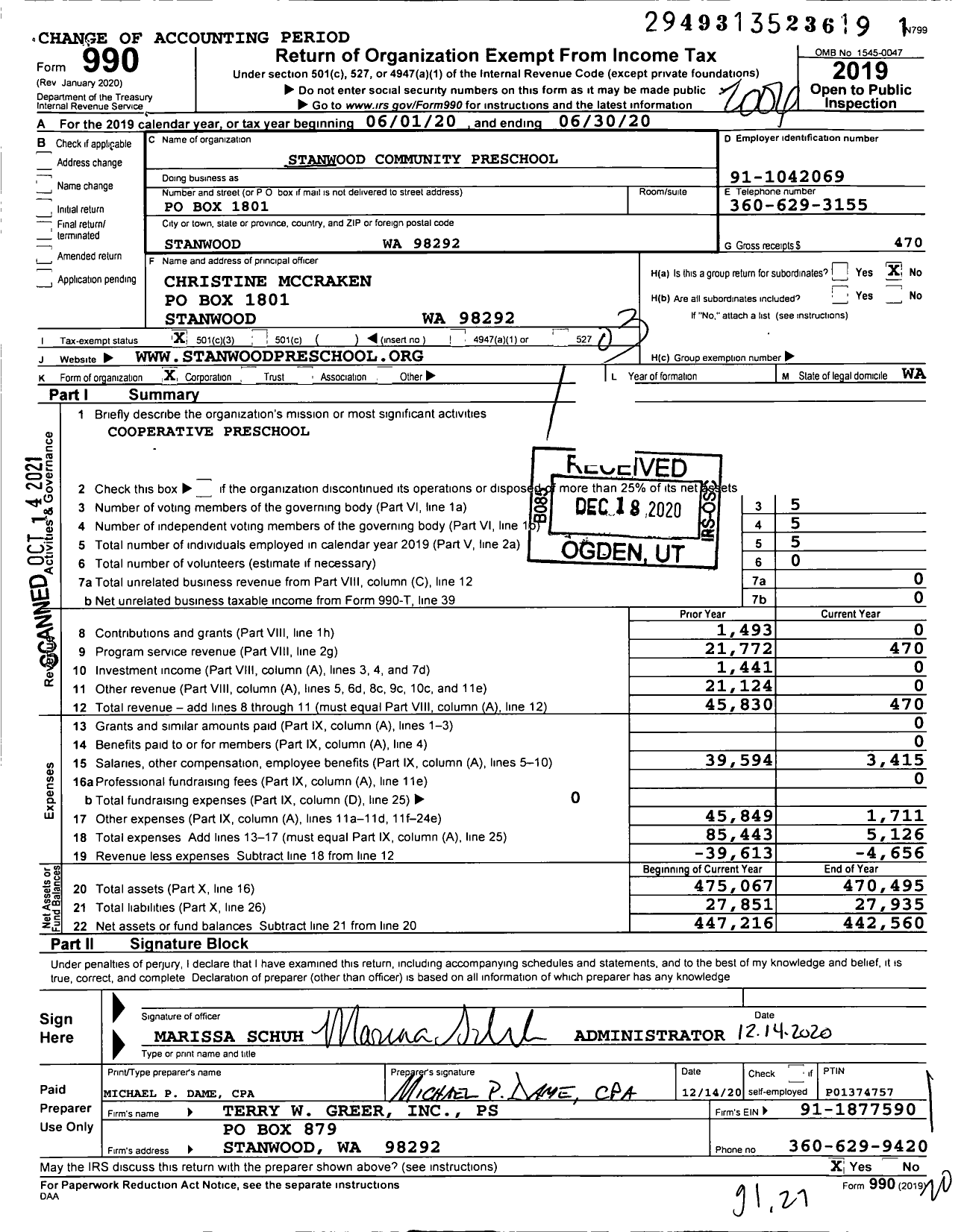 Image of first page of 2019 Form 990 for Stanwood Community Preschool