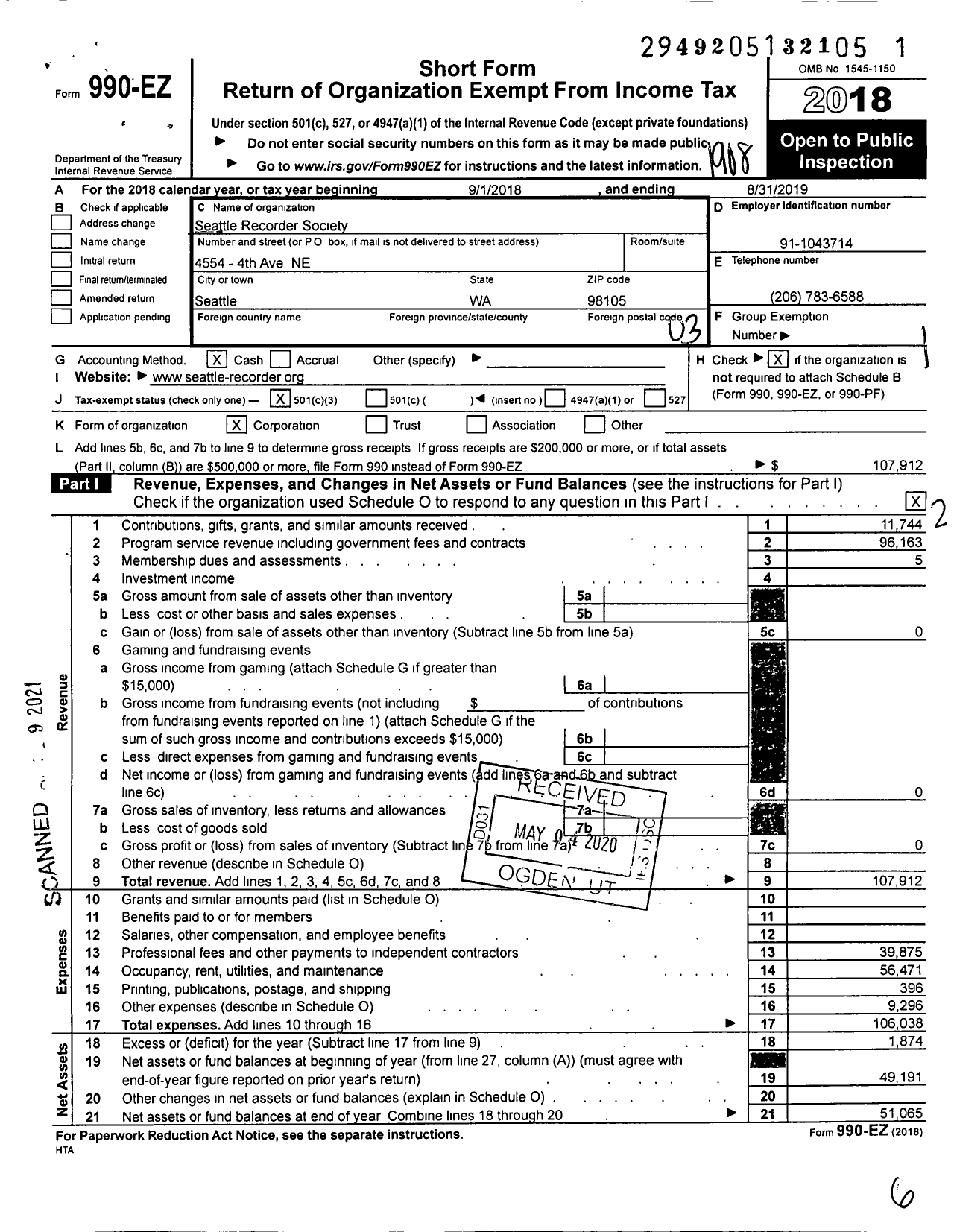 Image of first page of 2018 Form 990EZ for Seattle Recorder Society