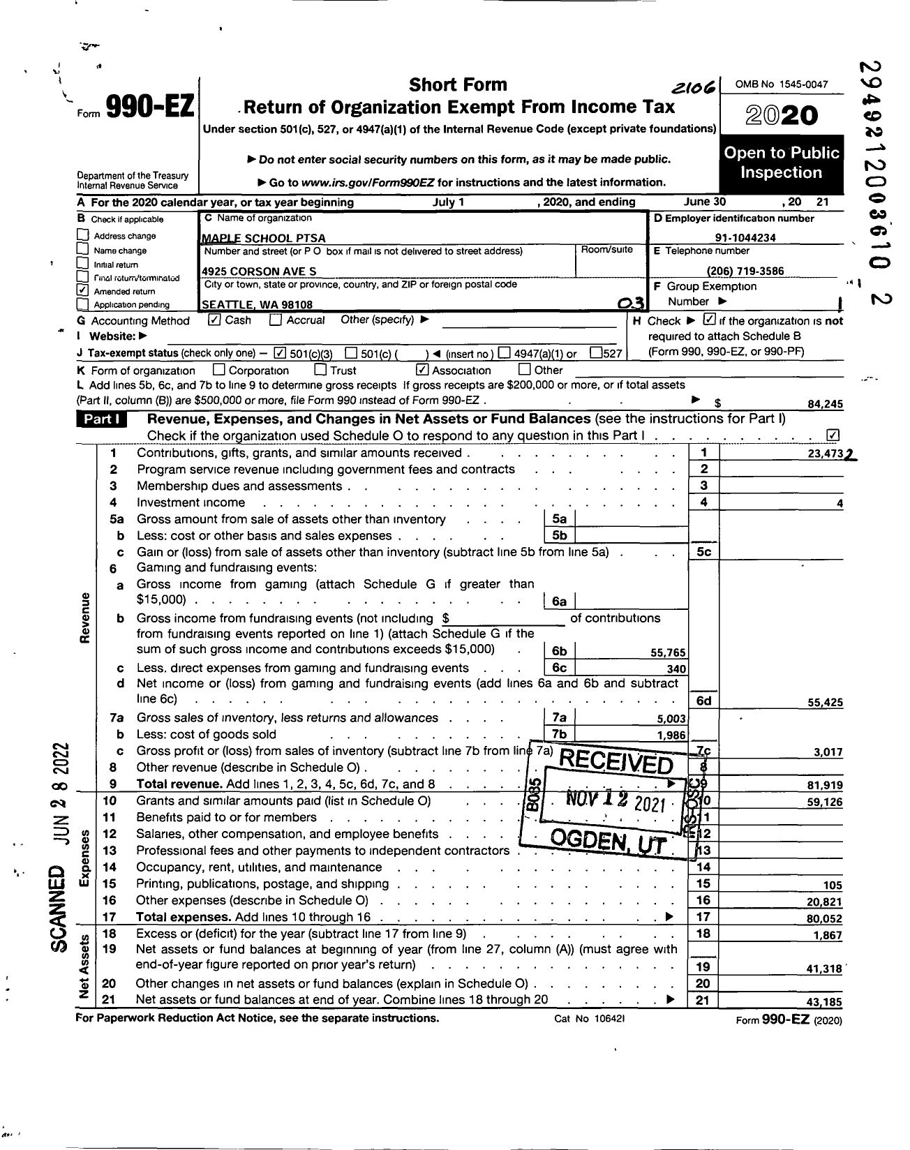 Image of first page of 2020 Form 990EZ for Maple School Ptsa