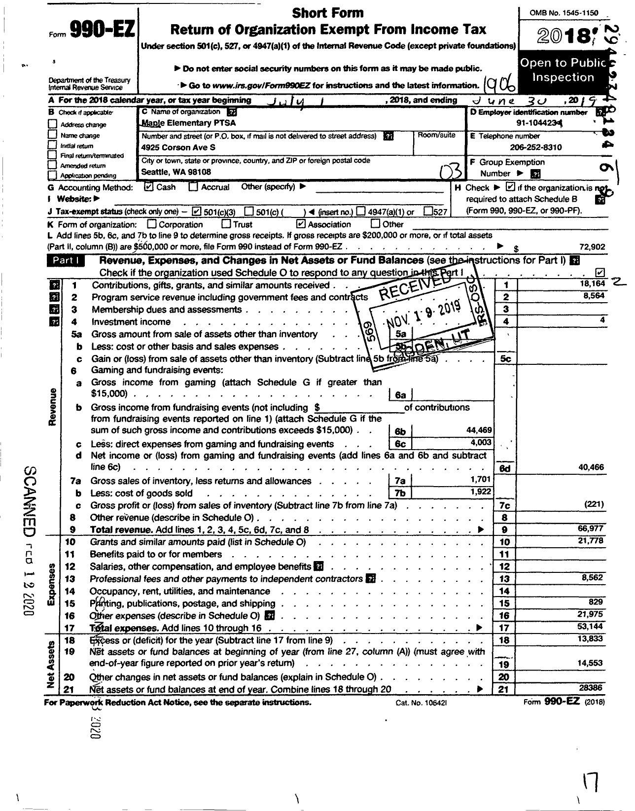 Image of first page of 2018 Form 990EZ for Maple School Ptsa