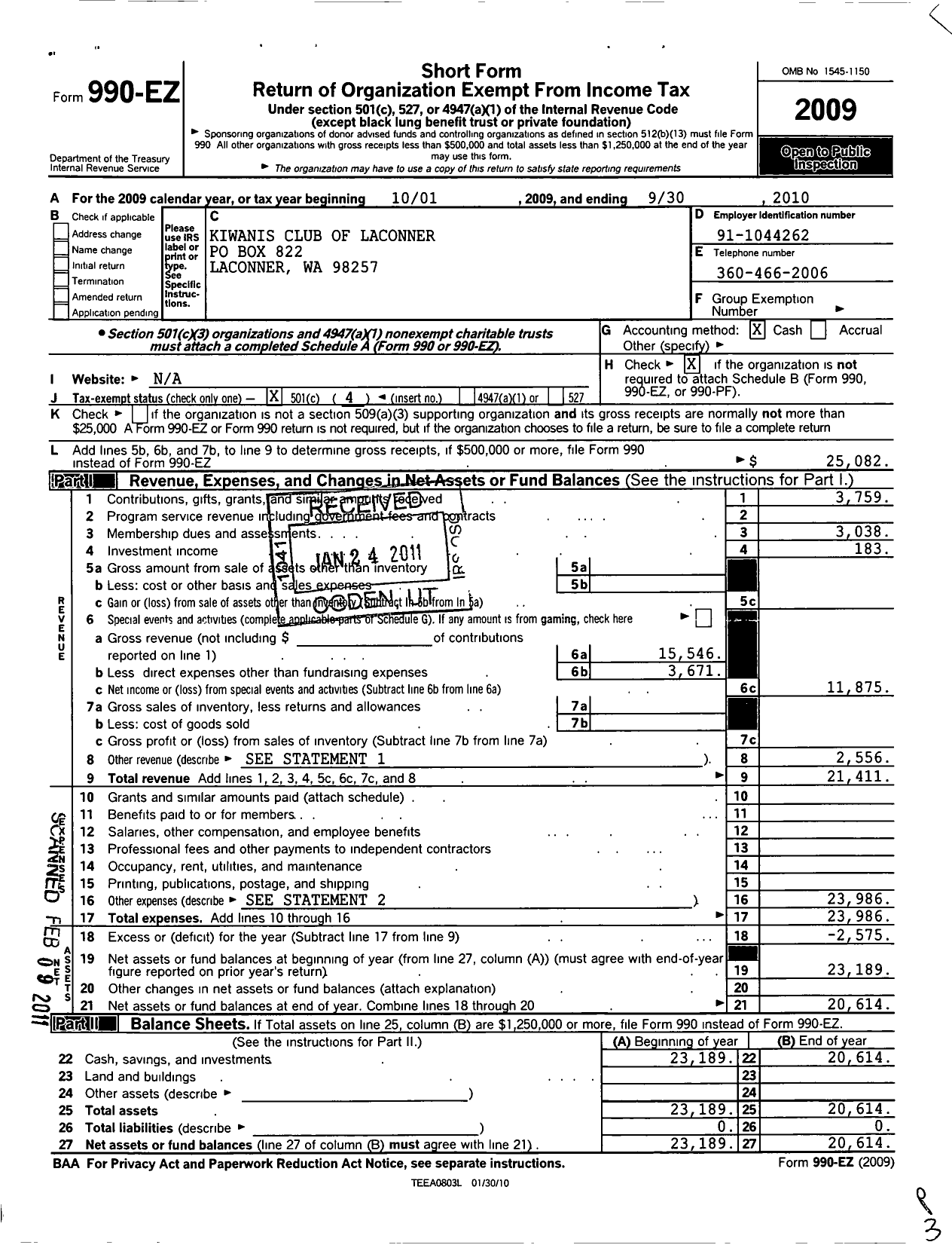 Image of first page of 2009 Form 990EO for Kiwanis International - K09195 La Conner