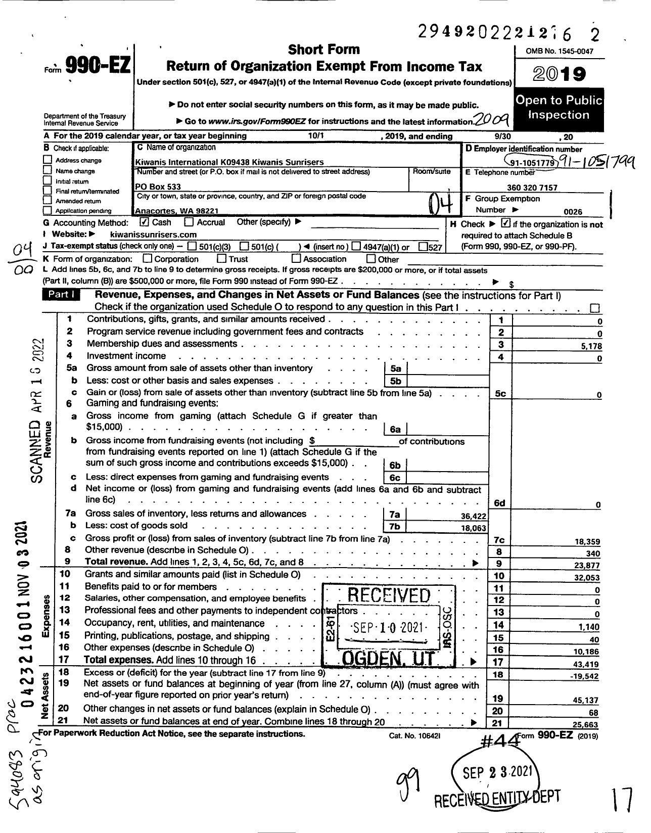 Image of first page of 2019 Form 990EO for Kiwanis International - K09438 Kiwnais Sunrisers