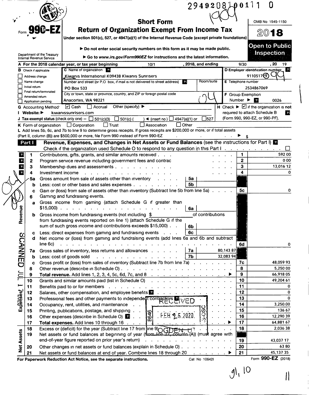 Image of first page of 2018 Form 990EO for Kiwanis International - K09438 Kiwnais Sunrisers