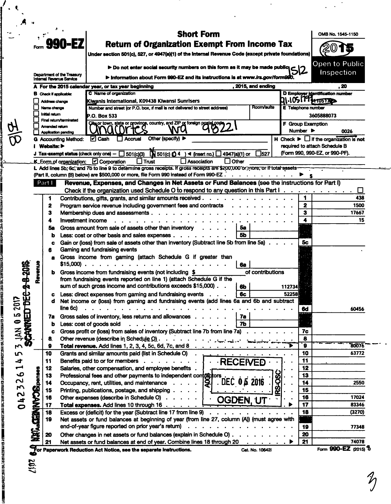 Image of first page of 2015 Form 990EO for Kiwanis International - K09438 Kiwnais Sunrisers