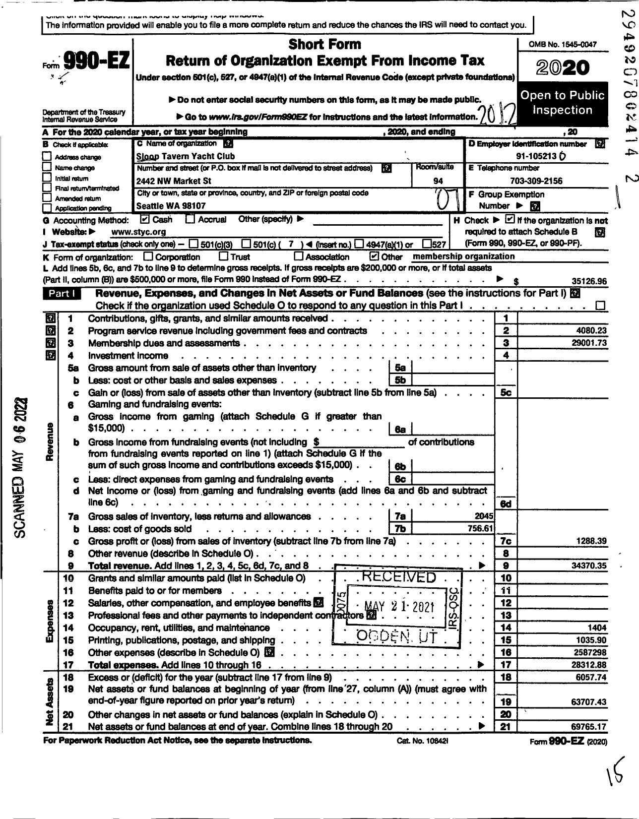 Image of first page of 2020 Form 990EO for Sloop Tavern Yacht Club