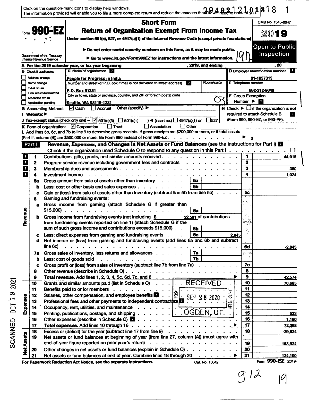 Image of first page of 2019 Form 990EZ for People for Progress India