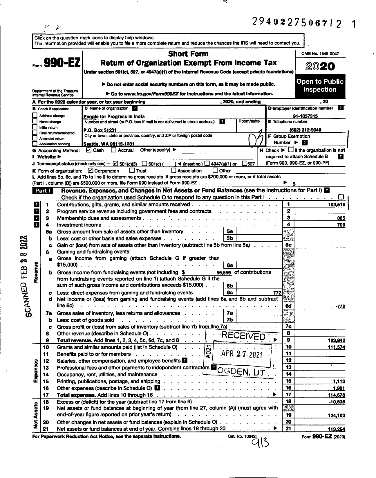 Image of first page of 2020 Form 990EZ for People for Progress India