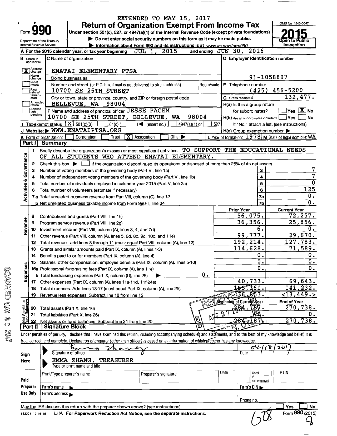 Image of first page of 2015 Form 990 for Enatai PTA Unit